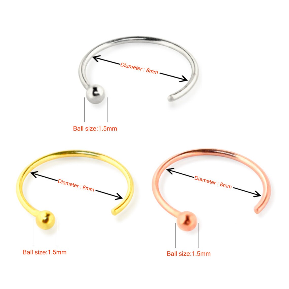 White Gold Nose Ring With Ball 9ct Open Nose Hoop Cute Etsy