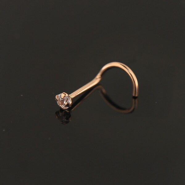 Rose Gold Nose Stud with Round Cubic Zirconia Stone,14ct -  Nose Screw Style Nose Ring -  Cute Corkscrew Nose Rings