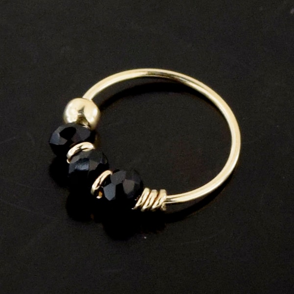 Jet Black Beaded Nose Ring Hoop- 9ct Gold Nose Ring- Dainty Nose Ring- 22 Gauge Nose Ring