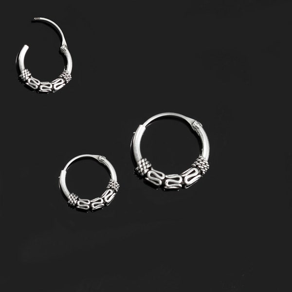 Bali Style Swirls Tribal Nose Ring- Oxidised Sterling Silver Nose Hoop- Nose Ring Hoop- Thin Nose Ring- 22G Nose Hoop (8mm/10mm Diameter)