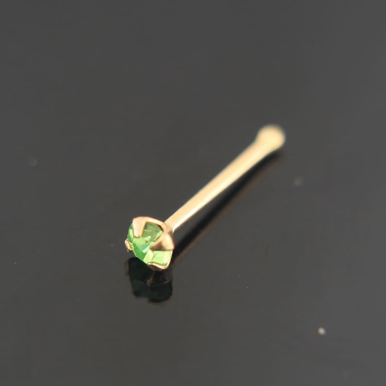9ct Solid Yellow Gold Round Light Green Crystal Stone Top Ball End Nose Bone Stud Piercing Jewellery Peridot