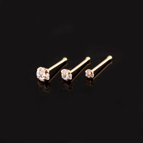 14ct Solid Rose Gold Nose Bone Pin With Round Cubic Zirconia Stone