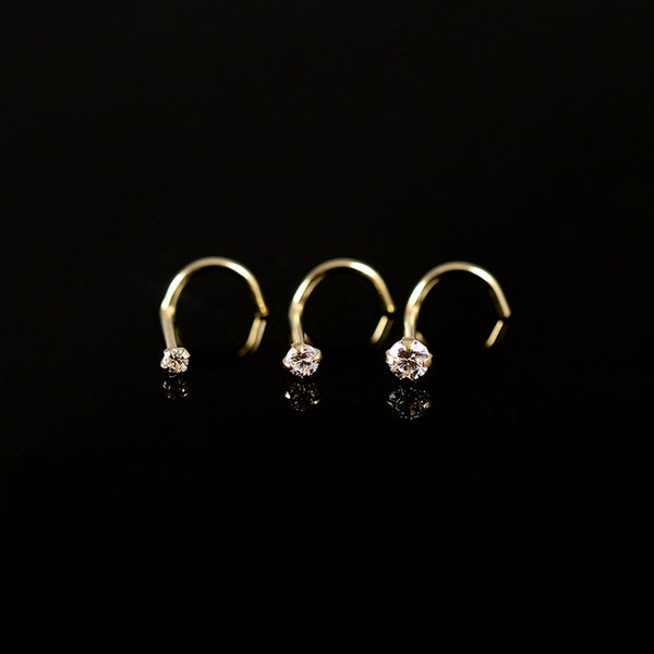 Round Crystal Nose Stud- 18K Solid Gold Nose Ring- Small Nose Stud- Screw Nose Stud- Nose Piercing Stud- 20 Gauge Nose Ring