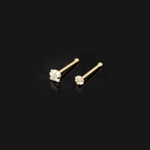 14Ct Solid Yellow Gold Nose Bone pin with Square Cubic Zirconia Stone Prong - set  22G Ball End Nose Stud -  Cute Bone Nose Ring