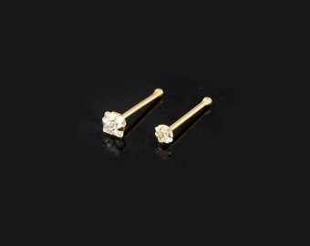 14Ct Solid Yellow Gold Nose Bone pin with Square Cubic Zirconia Stone Prong - set  22G Ball End Nose Stud -  Cute Bone Nose Ring