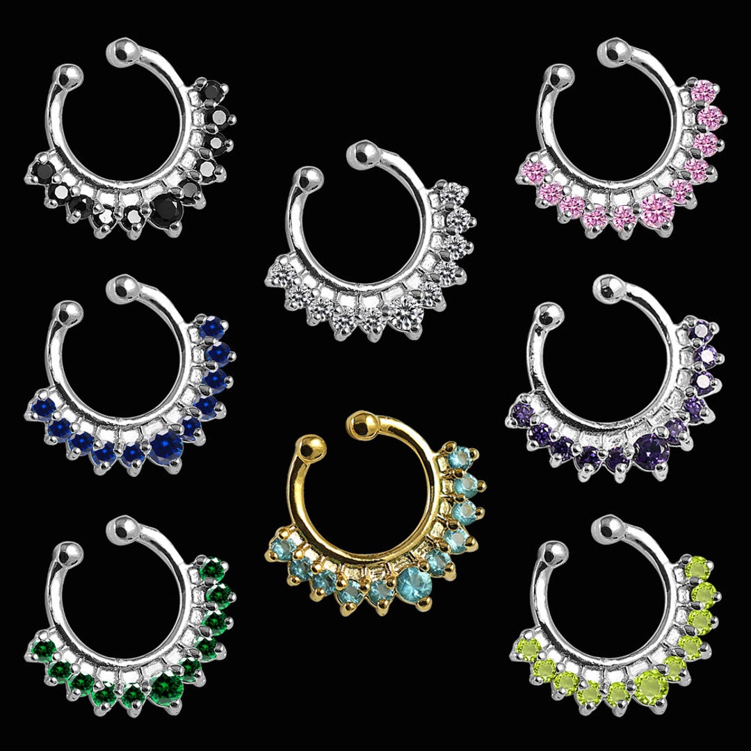 Gemstone Fake Septum Ring Clip on Septum Ring Sterling Silver Faux