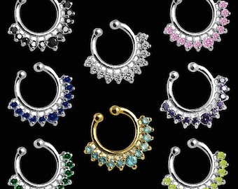 Gemstone Fake Septum Ring- Clip On Septum Ring- Sterling Silver Faux Septum Ring- Fake Septum Piercing ( Multiple Colors Available)