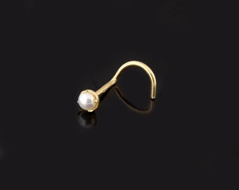 14ct Gold Nose Stud- Pearl Nose Ring- Gold Nose Screw- Thin Nose Ring- Tiny Nose Stud- 22G  Nose Stud