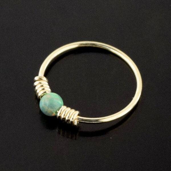 9ct Gold Nose Ring- Coil and Green Opal Beaded Nose Ring- BCR Shape- Tiny Nose Hoop- 22 Gauge Nose Ring