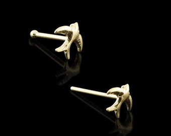 9ct Gold Nose Stud- Flying Bird Nose Stud- Nose Bone Style - Straight Style- Tiny Nose Stud- Thin Nose Ring- 22 Gauge Nose Ring