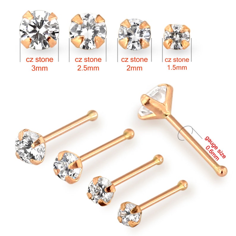 9K Rose Gold Nose Stud Gemstone Nose Stud Nose Bone Nose Piercing Ring Thin Nose Ring 22 Gauge Nose Ring image 2