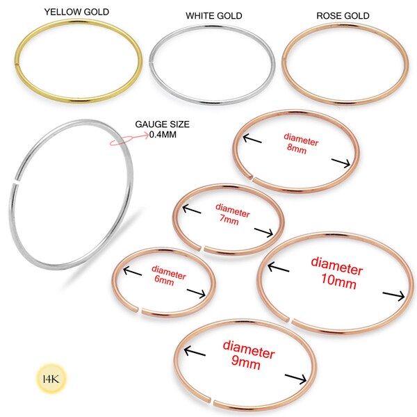 14 Karat Gold Nasenring- Nahtlose Nase Hoop- Gold/ Weißgold/ Rose Gold Nase Hoop- Kleine Nase Hoop- Dünne Nase Ring- 24 Gauge Hoop