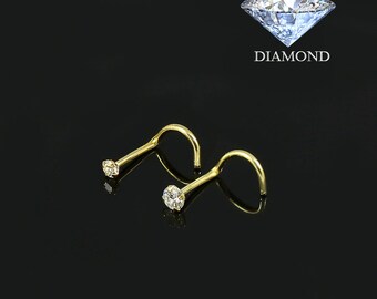 Diamond Nose Stud (2mm/ 2.5mm)- 14K Gold Nose Ring- Nose Screw- Thin Nose Ring- 20 Gauge Nose Ring (G Colour/ SI1 Clarity Diamond)