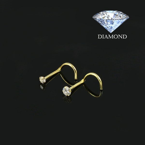 14 K Gold Diamant-Nasenstecker – 2 mm/2,5 mm G-Farbe SI1 Reinheit – dünne 20-Gauge-Nasenschraube