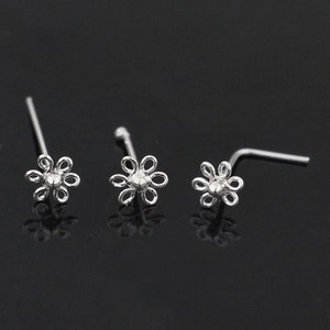 Filigree Nose Stud Flower- Sterling Silver Nose Studs- Nose Bone, L Shaped Nose Stud & Nose Pin- Thin Nose Ring- Nose Stud 22G- 3Pcs in Box