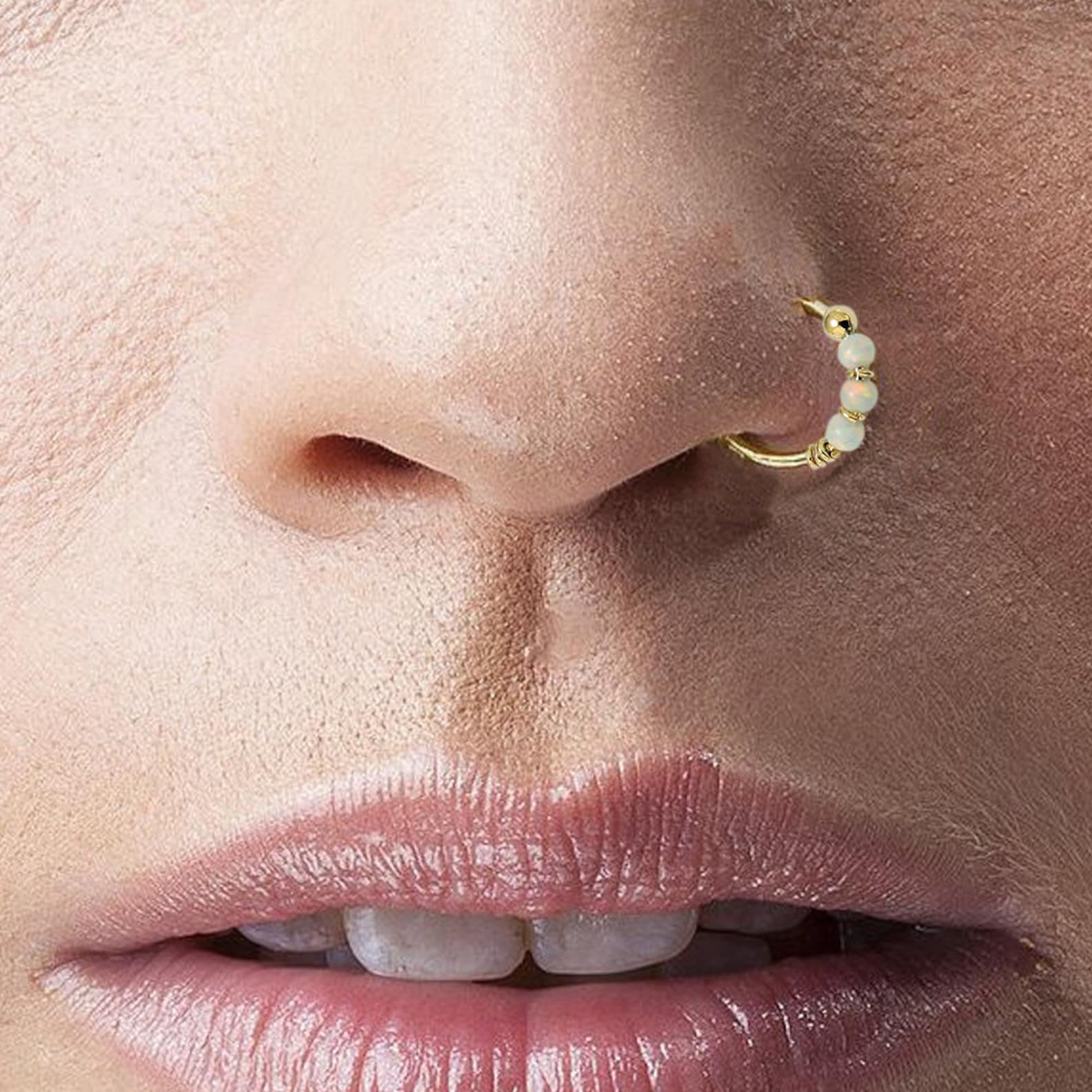 9ct Gold Nose Ringwhite Opal Beaded Nose Ring Thin Nose Etsy