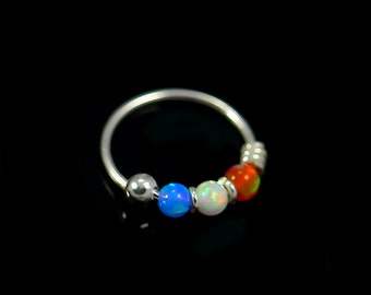 Orange, Blue and White Opal Nose Ring Hoop- 22G Nose Ring - Sterling Silver Nose Hoop / Cartilage Piercing/ Rook/ Helix Earring Hoop