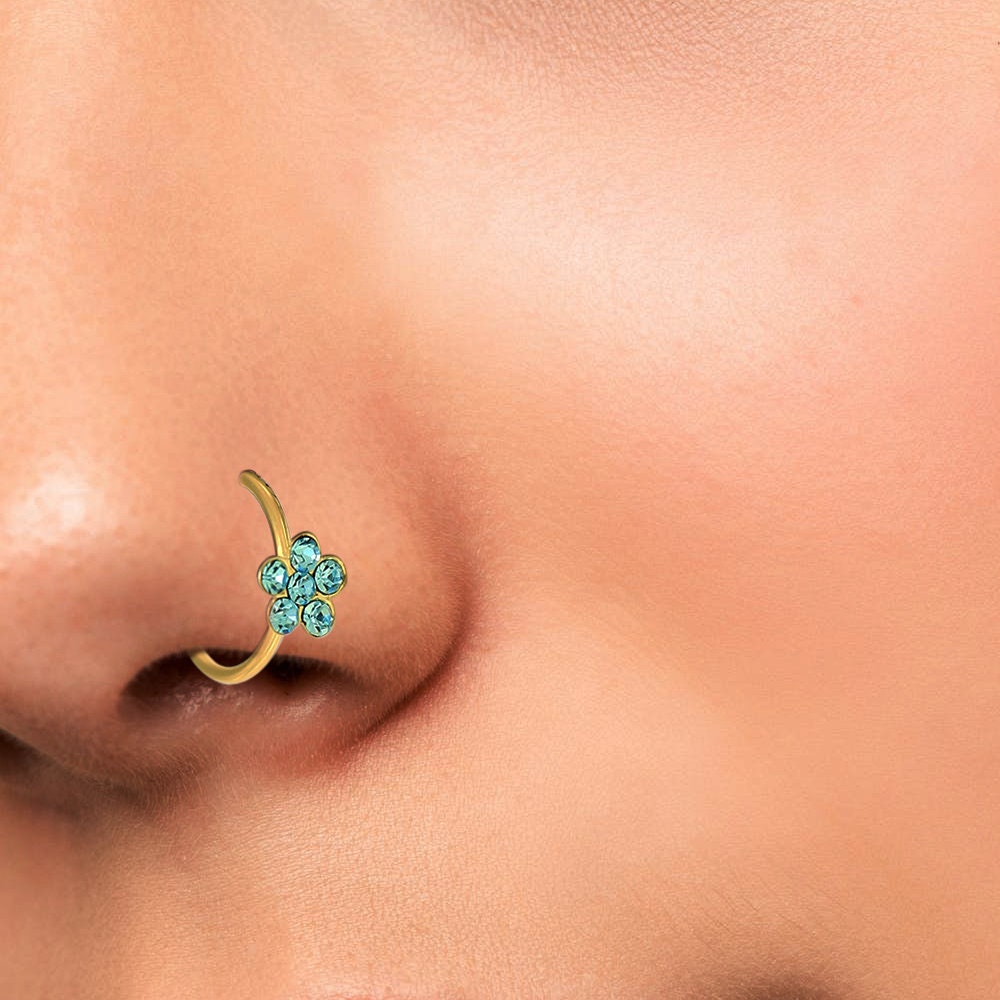 Flower Nose Ring met Aqua Cubic Zirconia Flower 925 Sterling Etsy
