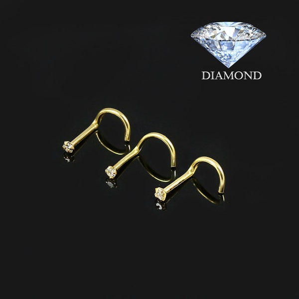 14K Gold Diamond Nose Stud - Available in 1.4mm, 1.5mm, 1.8mm Sizes - G Colour, SI1 Clarity - Thin 20 Gauge Nose Screw