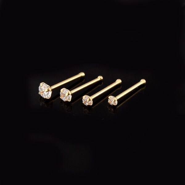 14Ct Solid Yellow Gold Nose Bone pin with Round Cubic Zirconia Stone Prong Set  - 20G Ball End Nose Stud