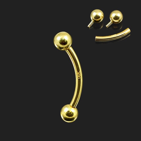 14K Solid Yellow Gold Internally Threaded Eyebrow Piercing Bar-Sold By Piece