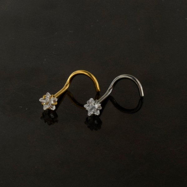 Star Nose Stud- Crystal Nose Stud- Unique Nose Ring- Screw Nose Stud- Surgical Steel Nose Piercing Ring- 20 Gauge Nose Ring