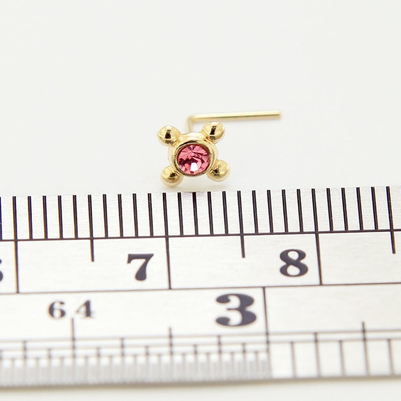 22 Gauge Nose Ring Dainty Nose Stud Pink Gemstone Nose Stud with Four Dots L Shaped Nose Ring Boho Nose Stud 9ct Gold Nose Ring