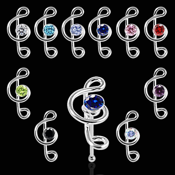 Treble Clef Music Note Nose Bone- Sterling Silver Nose Ring- Thin Nose Ring- 22 Gauge Nose Ring (Multiple Colours)