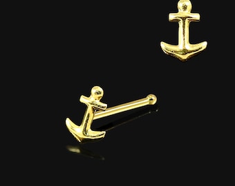 Anchor 9K Solid Gold Nose Ring- Unique Nose Ring- Gold Nose Bone Stud- Tiny Nose Stud- 22 Gauge Nose Ring