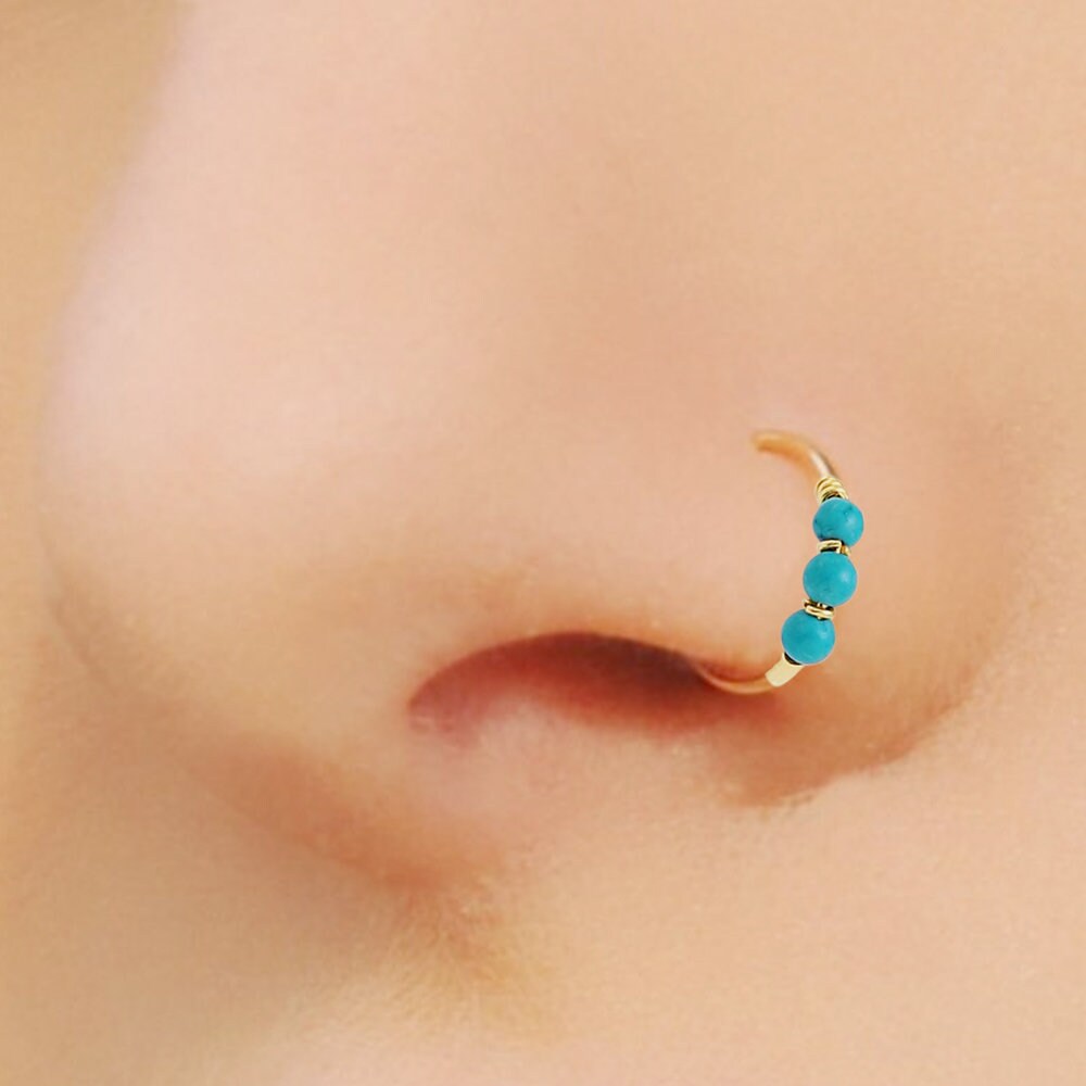 Turquoise Beaded Nose Ring Hoop 9K Gold Nose Ring Thin Nose Etsy UK