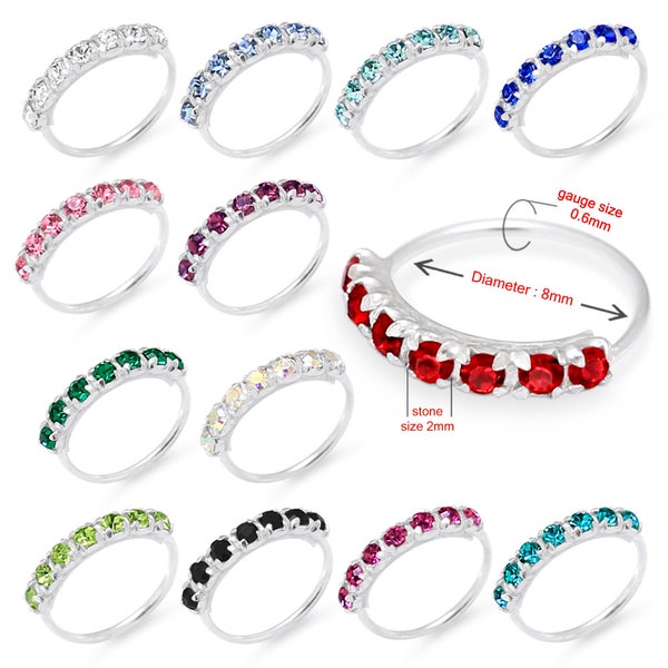 7 Gemstone Nose Hoop- Sterling Silver Nose Hoop- Thin Nose Ring- 22 Gauge Nose Ring (Available in 13 colours)