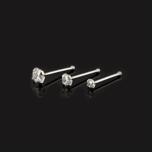 14ct Solid White Gold Nose Bone pin with Round Cubic Zirconia Gemstone Prong - 22G Ball End Stud