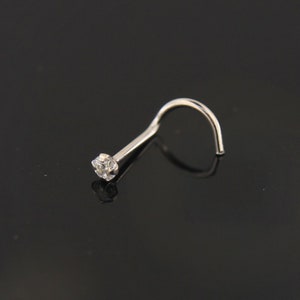 White Gold Nose Stud with Round Cubic Zirconia Stone, 14ct -  Nose Screw style Nose Ring