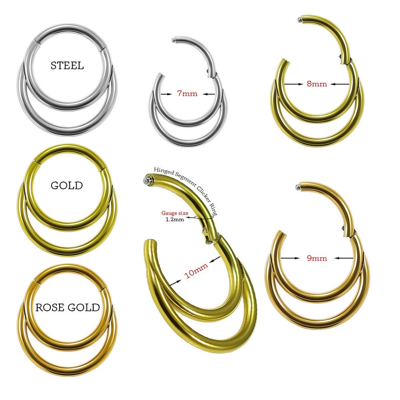 Layered Septum Clicker Cartilage Earring 16 Gauge Septum Ring Surgical Steel Hinged Septum Ring Double Septum Ring Multiple Colours