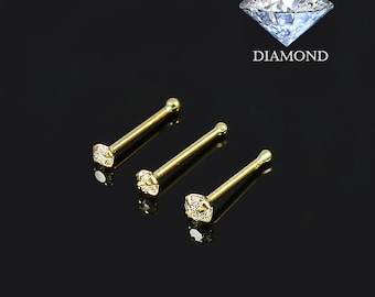 Diamond Nose Stud- 14K Gold Nose Ring- Nose Bone- Thin Nose Ring- 22 Gauge Nose Ring (3 Sizes Available) (G Colour/ SI1 Clarity Diamond)