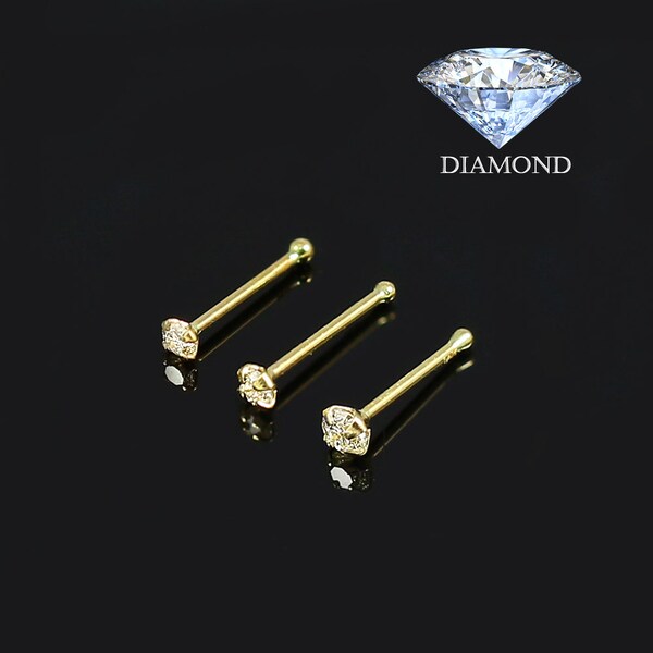 Diamond Nose Stud- 14K Gold Nose Ring- Nose Bone- Thin Nose Ring- 22 Gauge Nose Ring (3 Sizes Available) (G Colour/ SI1 Clarity Diamond)