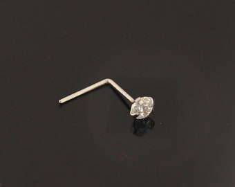 9K Solid Gold Nose Stud with Round Cubic Zirconia Stone-L Shape Nose Ring-Cute L Shaped Nose Studs For Women.