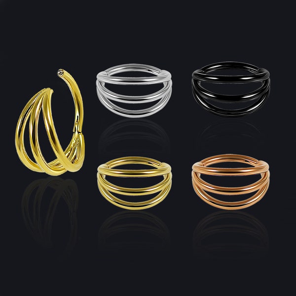 Triple Stacked Septum Ring/ Cartilage Earring- Daith Hoop/ Room Ring/ Helix Ring- Steel Hinged Septum Ring- 16 Gauge Hoop