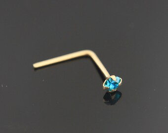 9ct Gold Nose Stud- Blue CZ Nose Stud- L Shape Nose Stud- Tiny Nose Stud- Thin Nose Ring- 22 Gauge Nose Ring