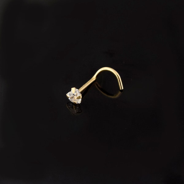 CZ Heart Nose Ring- Gemstone Nose Stud- 14K Solid Gold Nose Stud- Unqiue Nose Ring- Screw Nose Stud- 20G Nose Stud
