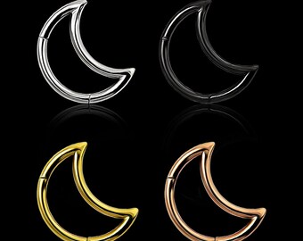 Crescent Moon Nose Ring/ Septum Clicker/ Cartilage Earring- Surgical Steel Hinged Segment Ring- 16 Gauge Hoop (Multiple Colours Available)