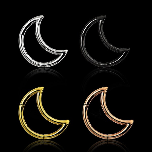 Crescent Moon Nose Ring/ Septum Clicker/ Cartilage Earring- Surgical Steel Hinged Segment Ring- 16 Gauge Hoop (Multiple Colours Available)