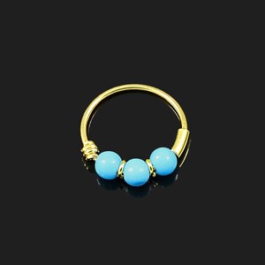 Turquoise Beaded Nose Ring Hoop- 9K Gold Nose Ring- Thin Nose Ring- 22 Gauge Nose Ring