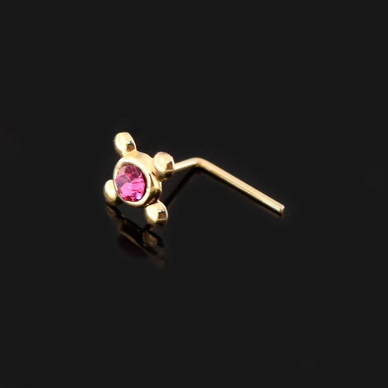 22 Gauge Nose Ring Dainty Nose Stud Pink Gemstone Nose Stud with Four Dots L Shaped Nose Ring Boho Nose Stud 9ct Gold Nose Ring