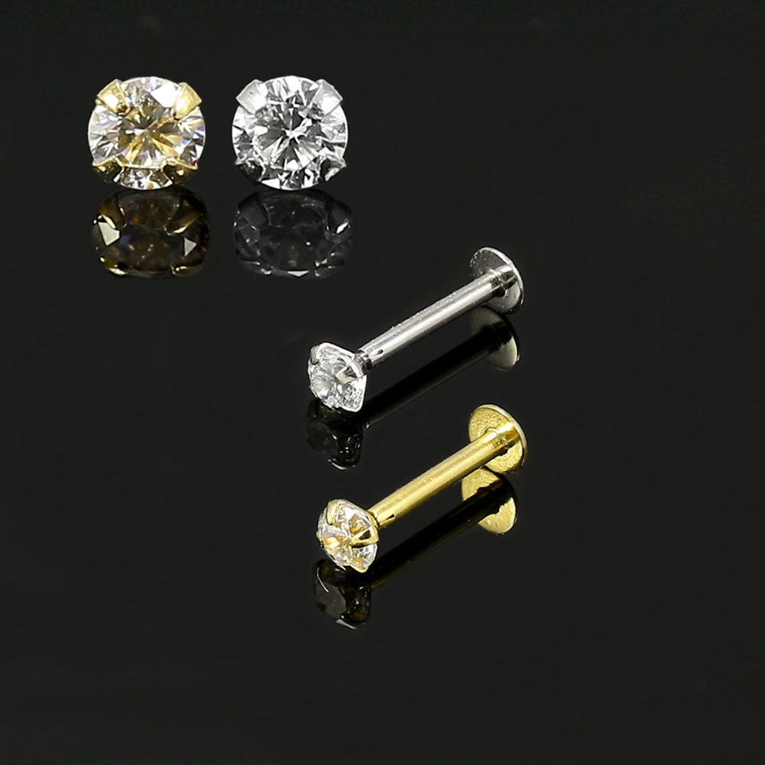 14K White Gold Labret 3mm Crystal Lip Labret/cartilage Earringtragus