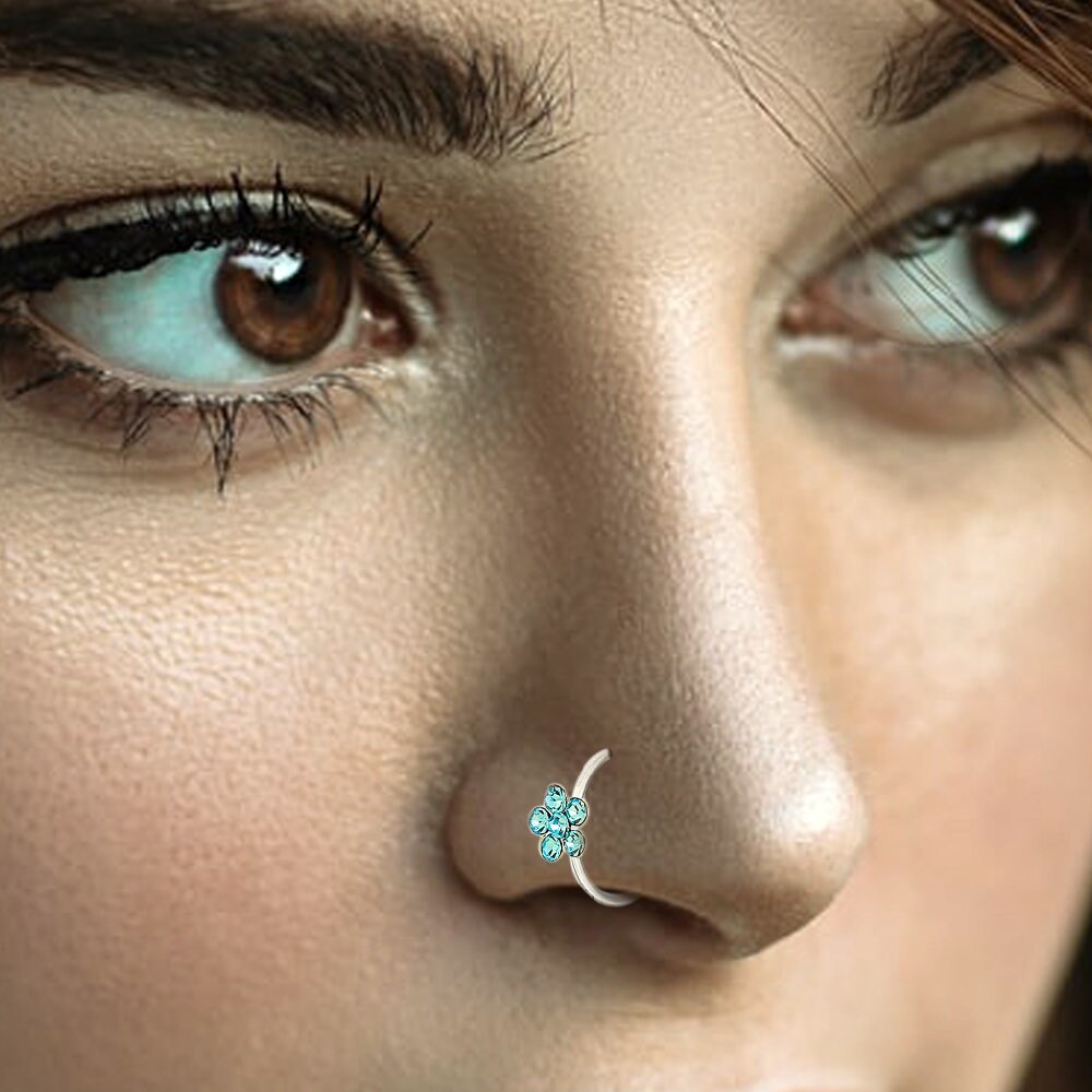 Flower Nose Ring met Aqua Cubic Zirconia Flower 925 Sterling Etsy