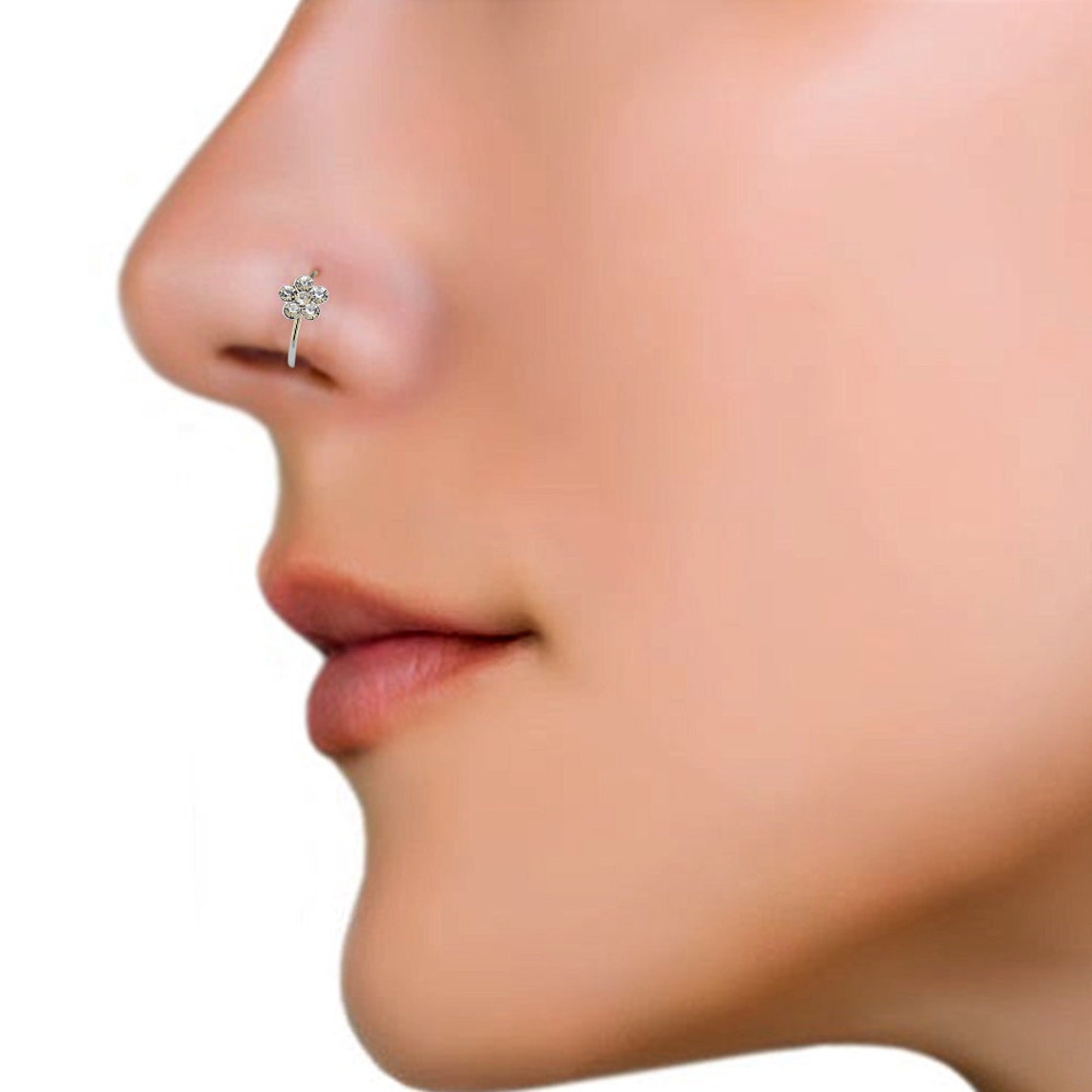 925 Sterling Silver Flower Nose Ring with Clear Cubic Etsy