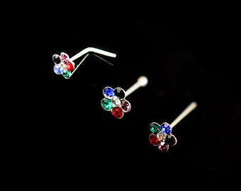 3 Pieces Set Multi colour CZ Gemstone Flower Nose Stud, 925 Sterling Silver Cute Nose Ring- 22 Gauge Nose Stud