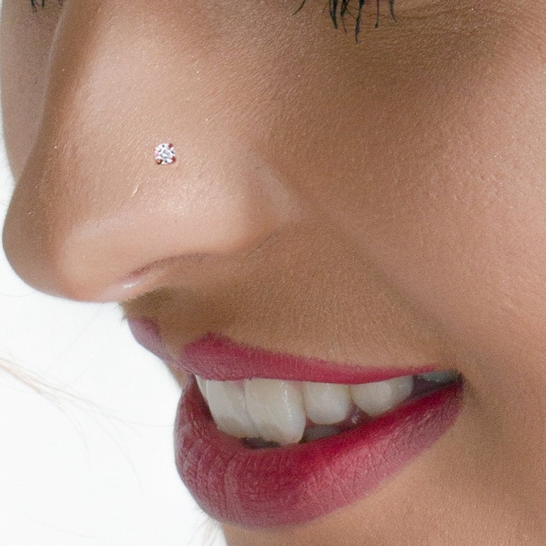 9K Rose Gold Nose Stud Gemstone Nose Stud Nose Bone Nose Piercing Ring Thin Nose Ring 22 Gauge Nose Ring image 4