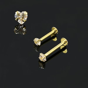 14K Gold Labret- Crystal Heart Lip Labret/ Cartilage Earring- Tragus Ring/ Helix Ring/ Conch Piercing Stud- Push Fit Labret- 16 Gauge Labret